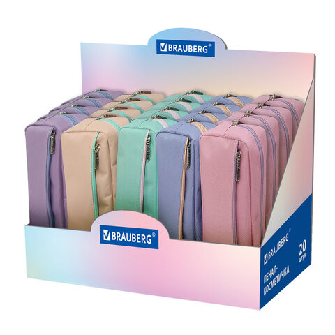 Пенал мягкий BRAUBERG, 2 отделения, ассорти 5 цветов, "Pastel", 21х9,5х5 см, дисплей, 271579 по низкой цене оптом 