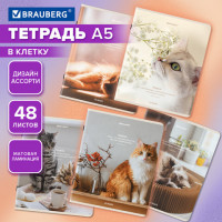 Тетрадь А5, 48 л., BRAUBERG, скоба, клетка, матовая ламинация, Cats, (микс в спайке), 405334