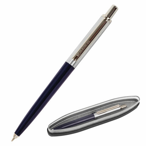 Ручка подарочная шариковая BRAUBERG "Soprano", СИНЯЯ, корпус серебристый с синим, линия письма 0,5 мм, 143484 по низкой цене оптом 