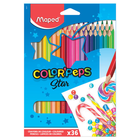 Карандаши цветные MAPED (Франция) "Color'Peps Star", 36 цветов, трехгранные, заточенные, европодвес, 832017 по низкой цене оптом 