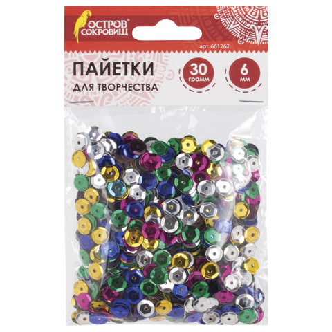 Пайетки для творчества "Классика", цвет ассорти, 6 мм, 30 грамм, 5 цветов, ОСТРОВ СОКРОВИЩ, 661262 по низкой цене оптом 