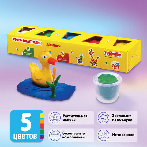 Пластилин на растительной основе (тесто для лепки) ПИФАГОР, 5 цветов, 450 г, картонный рукав, 104438 по низкой цене оптом 
