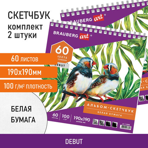 Скетчбук-блокнот для рисования белая бумага 100 г/м2, 190х190 мм, 60 л., КОМПЛЕКТ 2 шт., BRAUBERG, 880273, 110998 по низкой цене оптом 