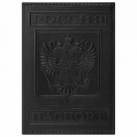 Обложка для паспорта натуральная кожа гладкая, "Герб", вертикальная, черная, BRAUBERG, 237189