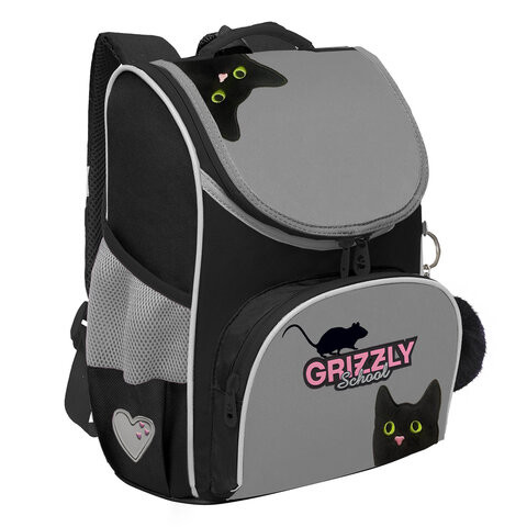 Ранец GRIZZLY анатомическая спинка, с мешком для обуви, для девочек, "BLACKY", серый, 33х25х13 см, RAm-584-1/2 по низкой цене оптом 