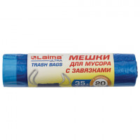 Мешки для мусора с завязками LAIMA "ULTRA" 35 л, синие, 20 шт., особо прочные, ПВД 20 мкм, 50х60 см, 607689
