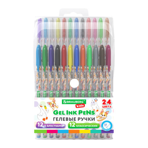 Ручки гелевые BRAUBERG KIDS "CUTE ANIMALS", НАБОР 24 ЦВЕТА, корпус с печатью, узел 1 мм, линия письма 0,7 мм, 144447 по низкой цене оптом 