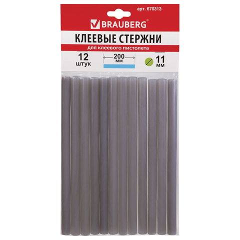 Клеевые стержни, диаметр 11 мм, длина 200 мм, серебристые, комплект 12 шт., BRAUBERG, европодвес, 670313 по низкой цене оптом 