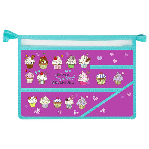 Папка для труда BRAUBERG А4, 2 отделения, пластик, молния сверху, органайзер, "Cup Cakes", 229134 по низкой цене оптом 