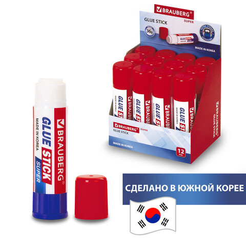 Клей-карандаш BRAUBERG SUPER, 36 г, ЮЖНАЯ КОРЕЯ, 229543 по низкой цене оптом 