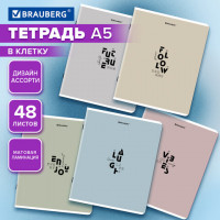 Тетрадь А5, 48 л., BRAUBERG, скоба, клетка, матовая ламинация, Однотонный_Пастель_2, (микс в спайке), 405336