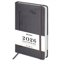 Ежедневник датированный 2026 А5 138x213мм BRAUBERG Optimal, под кожу, резинка, держатель для ручки, серый, 117469