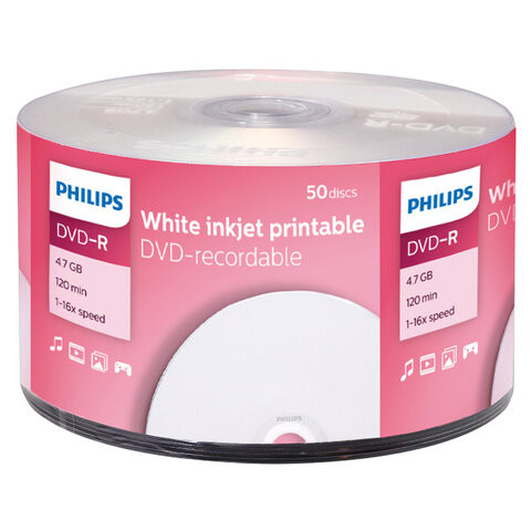 Диски DVD-R PHILIPS 4,7Гб 16x Bulk (термоусадка без шпиля) пов. для печати КОМПЛЕКТ 5, DM4I6U50F/97 по низкой цене оптом 