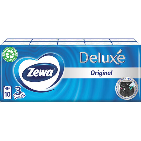 Платки носовые ZEWA Deluxe, 3-х слойные, 10 шт. х (спайка 10 пачек), 51174 по низкой цене оптом 