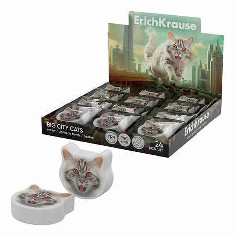 Ластик фигурный ERICH KRAUSE "Big City Cats", 25,6х25,3х7 мм, 63061 по низкой цене оптом Краснодар, Москва, Уфа, Казань, Барнаул, Владивосток, Хабаровск, Сахалин, Красноярск, Екатеренбург, 