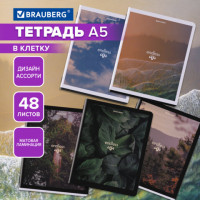 Тетрадь А5, 48 л., BRAUBERG, скоба, клетка, матовая ламинация, Природа, (микс в спайке), 405337