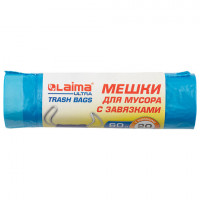 Мешки для мусора с завязками LAIMA "ULTRA" 60 л, синие, 20 шт., прочные, ПНД 17 мкм, 60х70 см, 607692