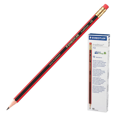 Карандаш чернографитный STAEDTLER (Германия), 1 шт., "Tradition", HB, с резинкой, корпус черно-красный, заточенный, 112-HB по низкой цене оптом 