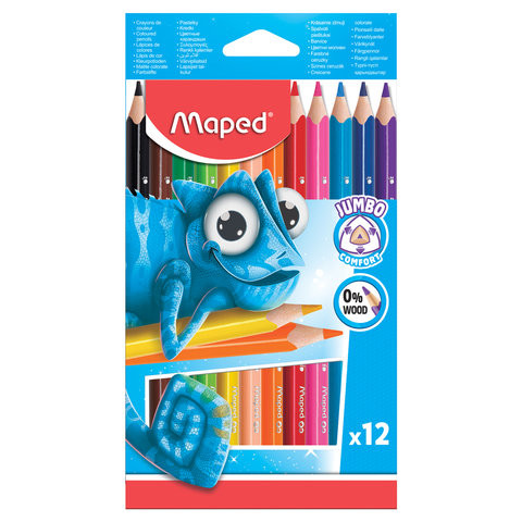 Карандаши цветные утолщенные MAPED (Франция) "Pulse", 12 цветов, пластик, трехгранные, заточенные, европодвес, 834352 по низкой цене оптом 