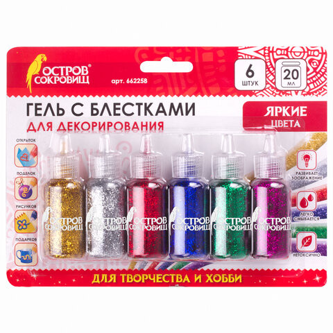 Гель с блестками ОСТРОВ СОКРОВИЩ, для декора, поделок, DIY, творчества, оформления, 6 ярких цветов по 20 мл, блистер, 662258 по низкой цене оптом 