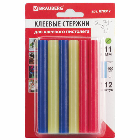 Клеевые стержни, диаметр 11 мм, длина 100 мм, цветные (ассорти), КОМПЛЕКТ 12 штук, 6 цветов, BRAUBERG, блистер, 670317 по низкой цене оптом 