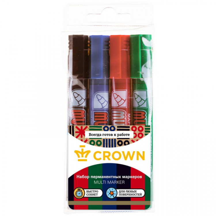 Набор перманентных маркеров Crown "Multi Marker" 4цв., пулевидный, 3мм, чехол с европодвесом по низкой цене оптом Краснодар, Москва, Уфа, Казань, Барнаул, Владивосток, Хабаровск, Сахалин, Красноярск, Екатеренбург, 