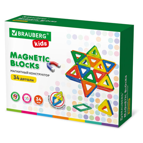 Магнитный конструктор BIG MAGNETIC BLOCKS-34, 34 детали, с колесной базой, BRAUBERG KIDS, 663845 по низкой цене оптом Краснодар, Москва, Уфа, Казань, Барнаул, Владивосток, Хабаровск, Сахалин, Красноярск, Екатеренбург, 
