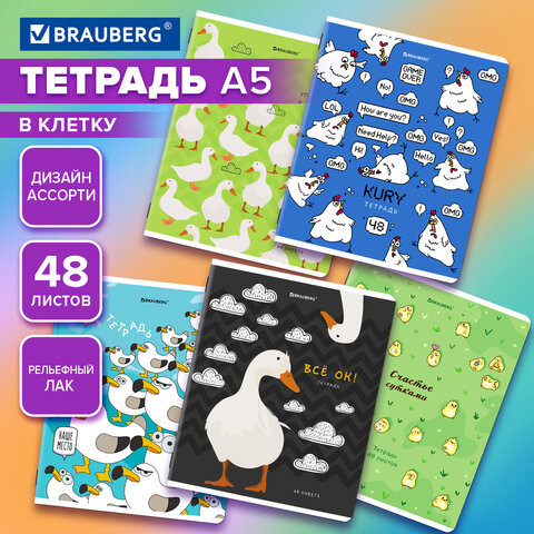 Тетрадь А5, 48 л., BRAUBERG, скоба, клетка, TWIN-лак, Курица не птица? (микс в ПУ), 405338 по низкой цене оптом 