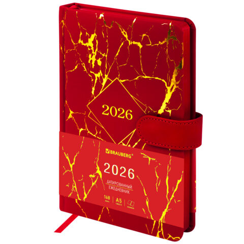 Ежедневник датированный 2026 А5 138x213мм BRAUBERG Goldy, под кожу, цветной срез, красный, 117471 по низкой цене оптом 