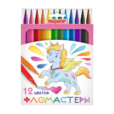 Фломастеры ПИФАГОР "ЕДИНОРОГ", 12 цветов, вентилируемый колпачок, 152448 по низкой цене оптом 