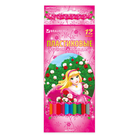 Карандаши цветные BRAUBERG "Rose Angel", 12 цветов, пластиковые, заточенные, картонная упаковка, 180577 по низкой цене оптом 