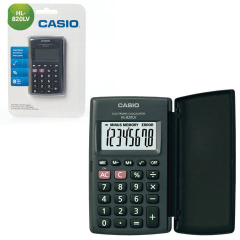 Калькулятор карманный CASIO HL-820LV-BK-S (104х63х7,4 мм) 8 разрядов, питание от батареи, черный, блистер, HL-820LV-BK-S-G по низкой цене оптом 
