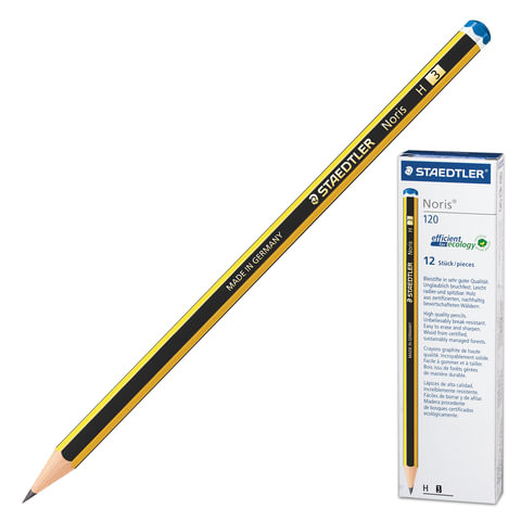 Карандаш чернографитный STAEDTLER (Германия), 1 шт., "Noris", H, без резинки, корпус черно-желтый, заточенный, 120-3 по низкой цене оптом 