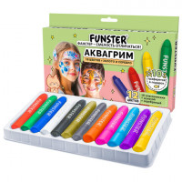 Аквагрим для лица и тела 12 цветов (10 классических+золото+серебро),10 трафаретов, FUNSTER, 192572