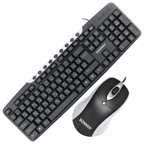 Набор проводной SONNEN KB-S110, USB, клавиатура 113 клавиш, мышь 3 кнопки, 1000 dpi, черный/серебристый, 513854 по низкой цене оптом Краснодар, Москва, Уфа, Казань, Барнаул, Владивосток, Хабаровск, Сахалин, Красноярск, Екатеренбург, 