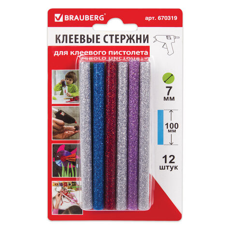Клеевые стержни, диаметр 7 мм, длина 100 мм, цветные (ассорти), С БЛЕСТКАМИ, КОМПЛЕКТ 12 шт., 6 цветов, BRAUBERG, 670319 по низкой цене оптом 