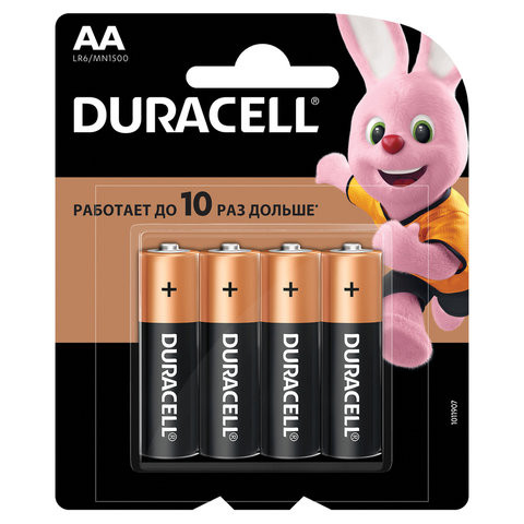 Батарейки КОМПЛЕКТ 4 шт., DURACELL Basic, AA (LR06, 15А), алкалиновые, пальчиковые, блистер, MN 1500 АА LR6 по низкой цене оптом Краснодар, Москва, Уфа, Казань, Барнаул, Владивосток, Хабаровск, Сахалин, Красноярск, Екатеренбург, 