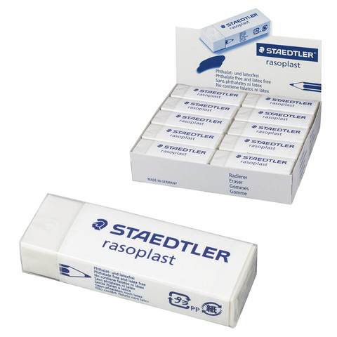 Ластик большой STAEDTLER (Германия) "Rasoplast", 65x23x13 мм, белый, прямоугольный, картонный держатель, 526 B20 по низкой цене оптом 