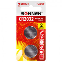 Батарейка литиевая CR2032 КОМПЛЕКТ 2 шт., "таблетка, дисковая, кнопочная" SONNEN Lithium, в блистере, 457141