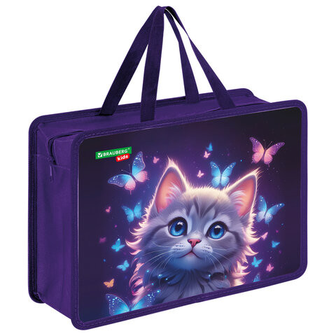 Папка на молнии с ручками BRAUBERG KIDS А4, 1 отделение, пластик, 100 мм, Curious cat, 273376 по низкой цене оптом 