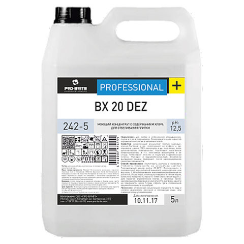 Средство моющее 5 л, PRO-BRITE BX 20 DEZ, с отбеливающим эффектом, щелочное, концентрат, 242-5 по низкой цене оптом 