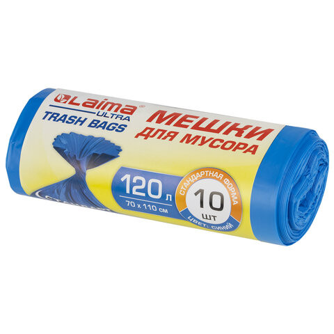 Мешки для мусора LAIMA "ULTRA" 120 л синие 10 шт. особо прочные, ПНД 23 мкм, 70х110 см, 607695 по низкой цене оптом 
