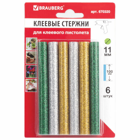 Клеевые стержни, диаметр 11 мм, длина 100 мм, цветные (ассорти), с блестками, комплект 6 шт., BRAUBERG, 670320 по низкой цене оптом 