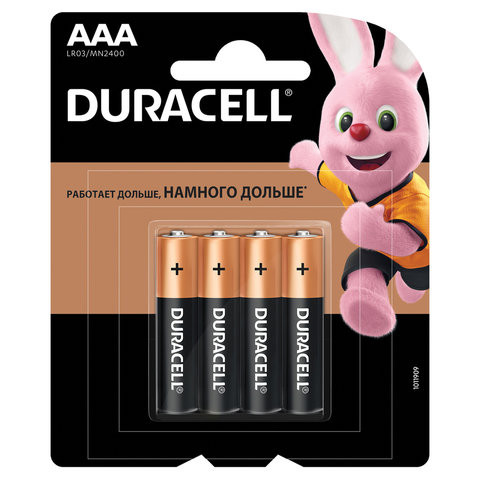 Батарейки КОМПЛЕКТ 4 шт., DURACELL Basic, AAA (LR03, 24А), алкалиновые, мизинчиковые, блистер, MN 2400 AAA LR3 по низкой цене оптом Краснодар, Москва, Уфа, Казань, Барнаул, Владивосток, Хабаровск, Сахалин, Красноярск, Екатеренбург, 