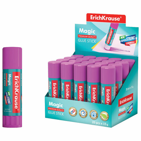 Клей-карандаш ERICH KRAUSE "Magic", 15 г, обесцвечивающийся после высыхания, 4446 по низкой цене оптом Краснодар, Москва, Уфа, Казань, Барнаул, Владивосток, Хабаровск, Сахалин, Красноярск, Екатеренбург, 