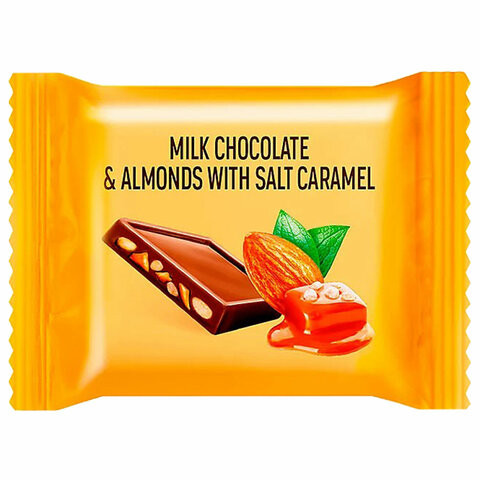 Шоколад порционный O'ZERA "Milk & Almonds" с миндалем и соленой карамелью, 1,2 кг., РРХ544 по низкой цене оптом Краснодар, Москва, Уфа, Казань, Барнаул, Владивосток, Хабаровск, Сахалин, Красноярск, Екатеренбург, 