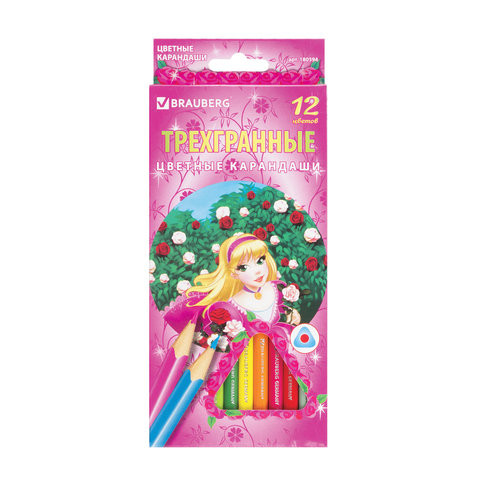 Карандаши цветные BRAUBERG "Rose Angel", 12 цветов, трехгранные, заточенные, картонная упаковка, 180594 по низкой цене оптом 