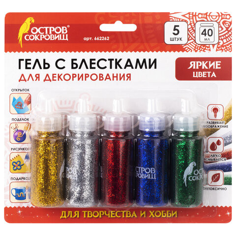 Гель с блестками ОСТРОВ СОКРОВИЩ, для декора, поделок, DIY, творчества, оформления, 5 ярких цветов по 40 мл, блистер, 662262 по низкой цене оптом 