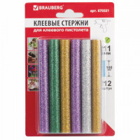 Клеевые стержни, диаметр 11 мм, длина 100 мм, цветные (ассорти), С БЛЕСТКАМИ, КОМПЛЕКТ 12 шт., 6 цветов, BRAUBERG, 670321