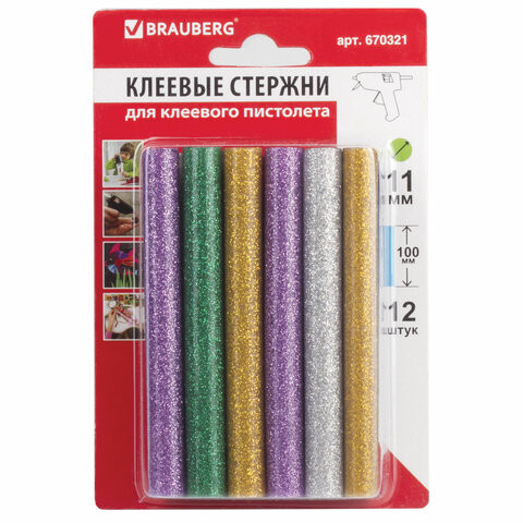 Клеевые стержни, диаметр 11 мм, длина 100 мм, цветные (ассорти), С БЛЕСТКАМИ, КОМПЛЕКТ 12 шт., 6 цветов, BRAUBERG, 670321 по низкой цене оптом 